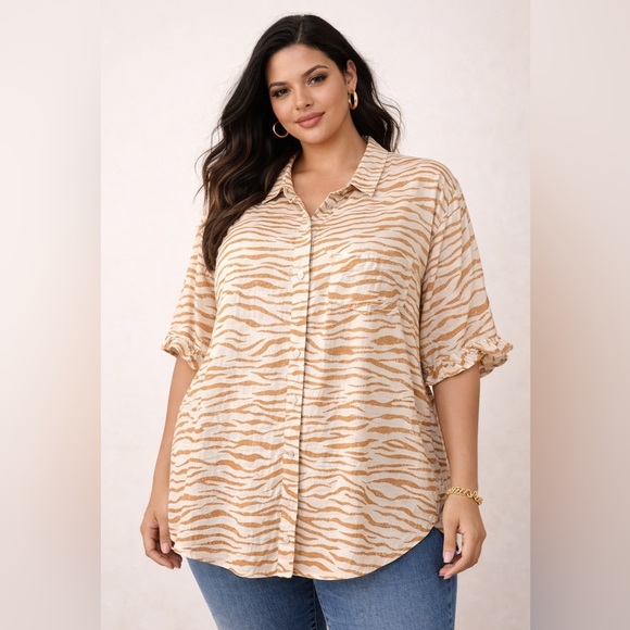 Ava & Viv Tan and White Casual Button Down Shirt - Picture 9 of 9